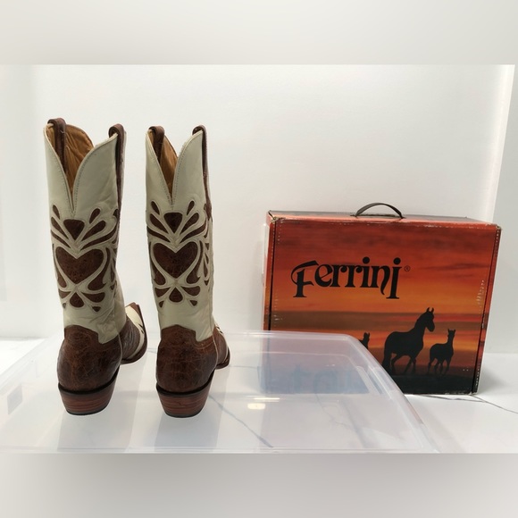 Ferrini Leather Cowboy Western Boots - NEVER WORN - Cream & Brown - 9.5 - Picture 6 of 10